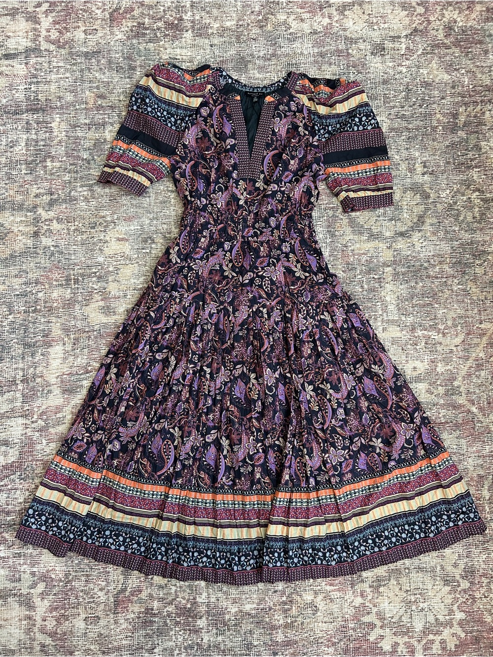 Current Air Purple Paisley Tiered Midi Dress with Multicolor Trim